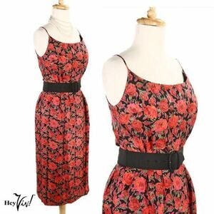 Vintage Mr Mort Fitted Dress Red Rose on Black Metal Zip Sz S B34 W24 - Hey Viv
